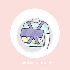 Shoulder immobiliser for broken leg icon, orthopedic surgery line logo. Flat sign for trauma rehabilitation equipment