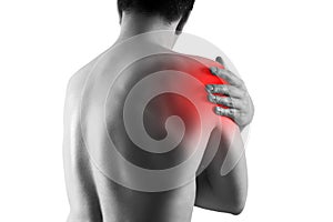 Shoulder pain, ache in a man`s body, sports injury concept, isolated on white background