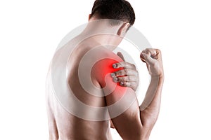 Shoulder pain, ache in a man`s body, sports injury concept, isolated on white background