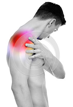 Shoulder Pain - Anatomy Male Holding Shoulder isolated on white