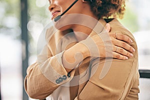 Shoulder pain, business woman and stress in call center of muscle injury, anxiety and bad posture in office. Closeup of