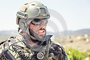 Army soldier, modern combatant shoulder portrait photo