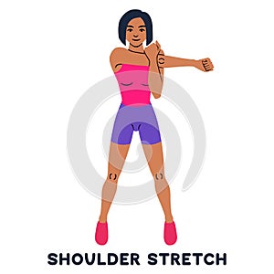 Shoulder stretch. Sport exersice. Silhouettes of woman doing exercise. Workout, training