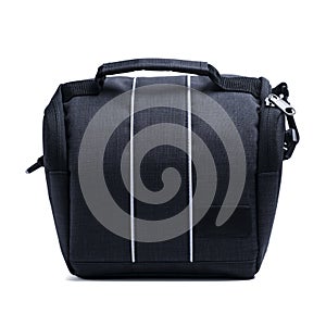 Shoulder-style black camera bag isolated on a white background