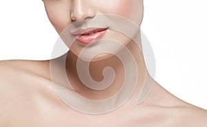 Shoulders neck lips Beautiful woman face close up portrait young studio on white