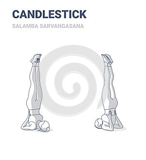 shoulderstand or candlestick woman home workout exercise guidance, salamba sarvangasana yoga pose vector illustration