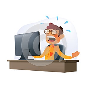 Shouting and irritated businessman character at the desk behind the monitor. Vector illustration of a cartoon freelancer or