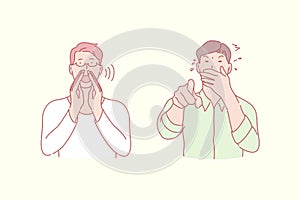 Shouting and laughing men, positive and negative emotion concept photo