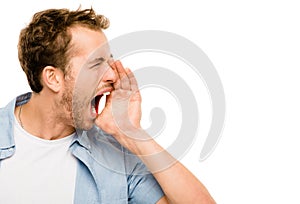 Shouting man angry scream white background