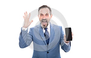 shouting man in businesslike suit. new app. product proposal. advertisement presentation.
