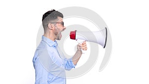 shouting man profile announcing with megaphone. photo of man announcing