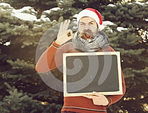 Shouting man in santa claus hat, hipster with beard and moustache covered with white frost, with blank black board or