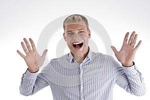 Shouting man showing his palms