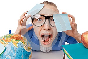 Shouting student girl with books and post-it notes