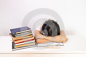 shouting and tired student girl with many book