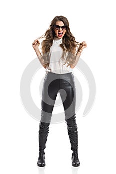 Shouting Woman In Leather Pants