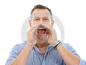 Shouting, yelling and portrait of a man with an announcement isolated on a white background. Screaming, crazy and