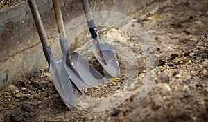 Shovel on a background of the trench photo