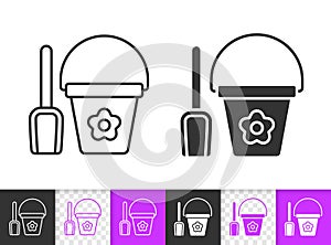 Shovel and bucket simple black line vector icon