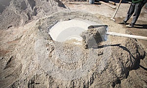 Shovel with a cement. Construction site