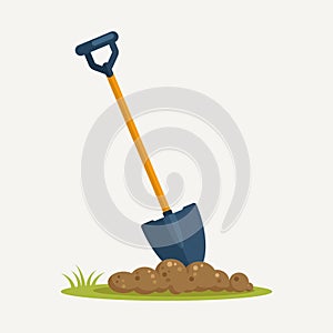 Shovel in dirt, spade with soil landscaping isolated on background. Garden tools, digging element, equipment for farm. Spring work