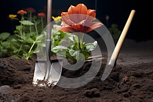 A shovel and a flower plant in the dirt. AI Generated