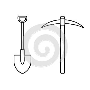 Shovel and Pick axe icon. Vector illustration. Outline design.