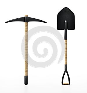 Shovel and pick axe isolated on white background. 3D illustration