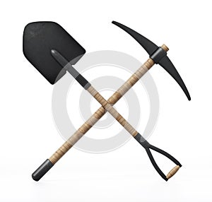 Shovel and pick axe isolated on white background. 3D illustration