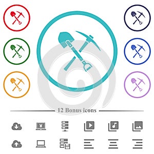 Shovel and pickaxe flat color icons in circle shape outlines