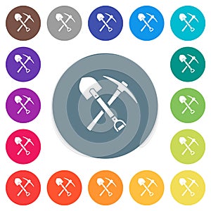 Shovel and pickaxe flat white icons on round color backgrounds