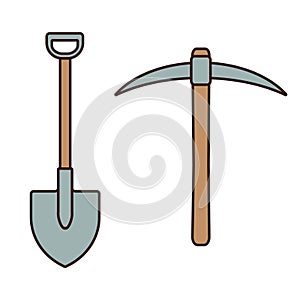 Shovel and pickaxe in line and fill style. Vector.