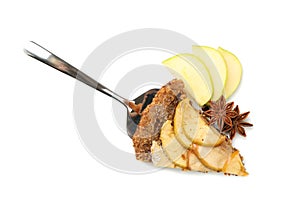 Shovel piece of tasty apple pie isolated on white background