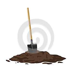 Shovel in a pile of soil isolated on white background. Work tool for outdoor activities, digging, gardening