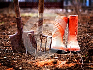 Shovel, pitchfork and orange rubber boots in spring garden
