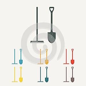 Shovel and rake. Colorful gardening tools. Flat design. Vector illustration. photo