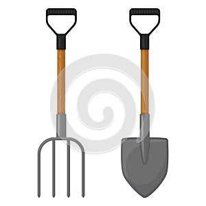 Shovel and rake. Garden tools on a white background.