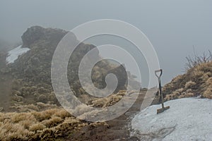 Shovel in the snow at Mardi Himal Himalayas mountains
