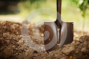 Shovel in soil photo