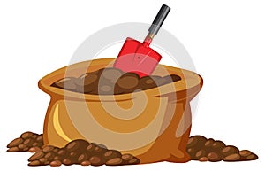 Shovel in soil bag on white background