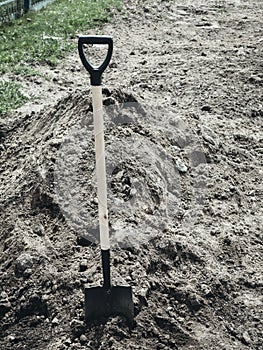Shovel is stuck into pile of earth. Fresh grave or burial in cemetery. Background