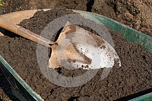 Shovel in topsoil on green wheelbarrow photo