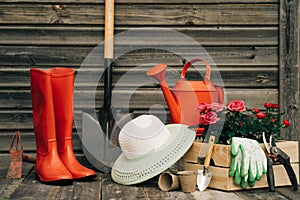 Shovel, watering can, hat, rubber boots, box of flowers, gloves and garden tools