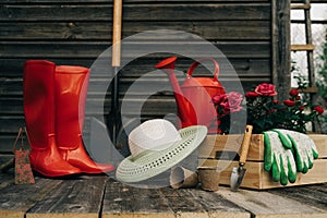 Shovel, watering can, hat, rubber boots, box of flowers, gloves and garden tools