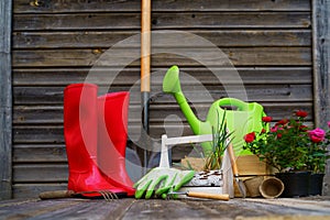 Shovel, watering can, hat, rubber boots, box of flowers, gloves and garden tools