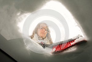 Shoveling Snow Scraping Windshield View from Inside Car