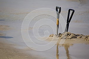 Shovels standing on the beach.