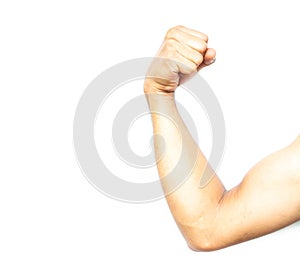 Show arms flex muscles on white background.