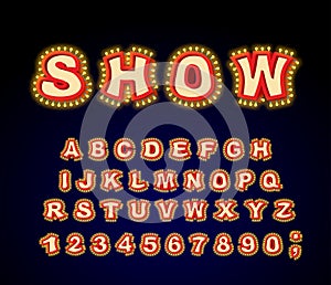 Show font. Glowing lamp letters. Retro Alphabet with lamps. Vintage ABC with light bulb. Glittering lights lettering