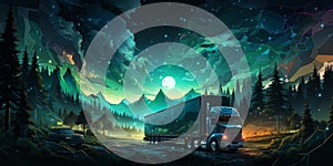 Show a forest icons of Logistics with interstellar background With Truck